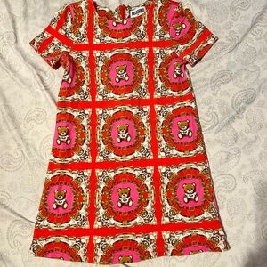 Moschino Kids Red and Pink Bear Pattern Dress